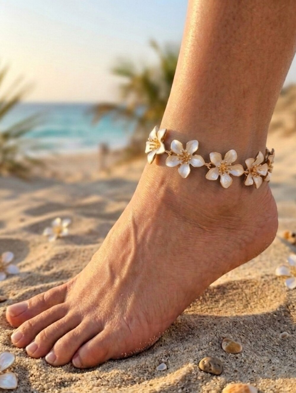 Elegant White Floral Ankle Bracelet Gold Finished Stainless Steel Summer Accesor